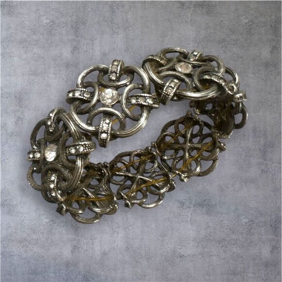 Y2K Vintage Womens Chunky Silver Toned Antiqued Gateway Rhinestone Bracelet 90's - Picture 2 of 4